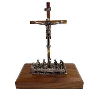 Vintage Religious Crucifix and Last Supper Christian Gift Wood‎ Base New Metal